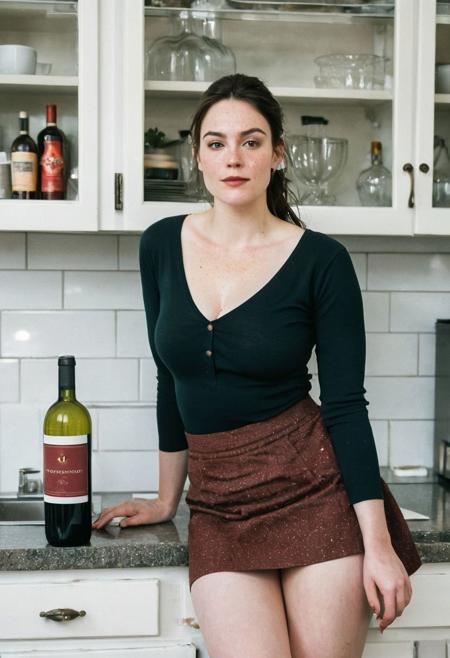 Film photograph taken in a nice suburban kitchen. Liv sits at the counter with a carafe of red line  and a stemless wine glass.
LIV wears a black skirt and white blouse, partially unbuttoned. Kitchen is all white tile and white wood. 
LIV is an  older attractive 45 year old woman. long brown hair parted sharply in the center, up in a messy ponytail, flowing down past shoulders. Italian heritage, resembling TYLER, LIV. smooth pale skin with makeup. thin trimmed Penciled eyebrows. thin lips, slight underbite and big chin and chubby cheeks, high cheekbones, rectangular shaped face, thicker neck, wide jaw. Dark cateye eyeliner and a few light freckles. 5 foot 3 inches tall and 200 pounds, thicker neck, full breasts with cleavage, high cheekbones, wide round nose. dark brownish Green eyes, bright smile showing gums. Thigh gap. Soft tummy