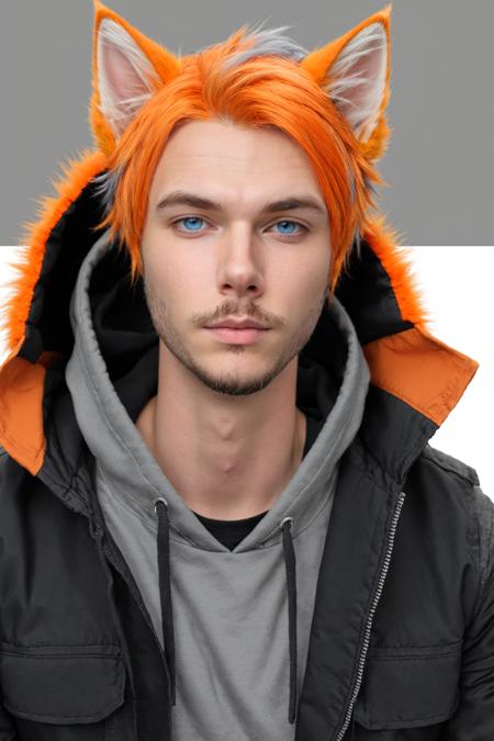 Roiadan Vanzey,  solo,  looking at viewer,  short hair,  blue eyes,  two tone hair,  orange hair,  grey hair,  streaked hair,  1boy,  closed mouth,  jacket,  upper body,  male focus,  hood,  facial hair,  beard,  anthro,  furry,  cat ears,  animal ears,  animal ear fluff, <lora:EMS-43353-EMS:0.400000>