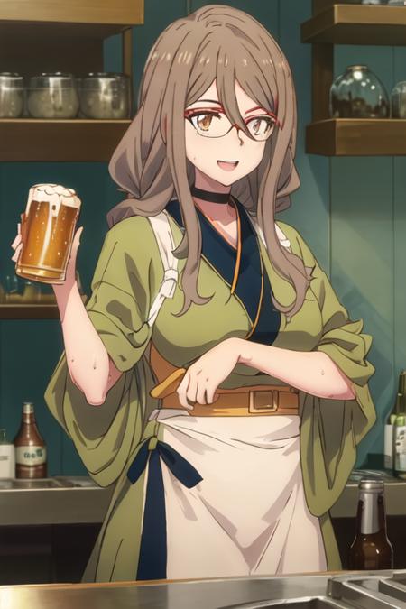 best quality, masterpiece, highres, solo, {nakahara_mizuki_lycorisrecoil:1.15}, brown_hair, long_hair, glasses, red-framed_eyewear, hair_between_eyes, brown_eyes, semi-rimless_eyewear, 1girl, blush, closed_eyes, open_mouth, smile, beer_can, shirt, sweat