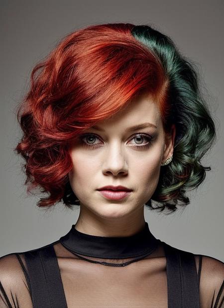 portrait of sks woman by Flora Borsi, style by Flora Borsi, bold, bright colours, rainbow Mohawk haircut, ((Flora Borsi)), <lora:locon_janelevy_v1_from_v1_64_32:1>