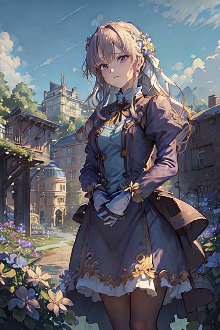 <lora:colorful_landscape:0.8>  (violet evergarden), brown leather glove, 1girl, blonde hair, ((blue dress)), blue eyes, blue flower, blue sky, blush, bush, cloud, cloudy sky, day, dress, field, flower, flower field, garden, hair red ribbon, long hair, long sleeves, looking at viewer, mismatched pupils, own hands together, pink flower, red flower, scenery, shiny, shiny hair, sky, solo, standing, tower, ((white skirt)), yellow flower<lora:epiNoiseoffset_v2:0.6>