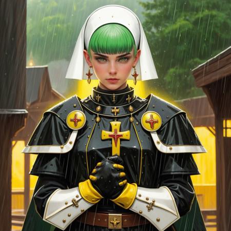 score_9, score_8_up, score_7_up, cowboy shot, solo, 1girl, nun, pale skin, green hair, short hair, bangs, yellow eyes, glowing eyes, armor, nun, earrings, metal gloves, outdoors, rain, looking at viewer, retro artstyle, detailed, masterpiece, Expressiveh