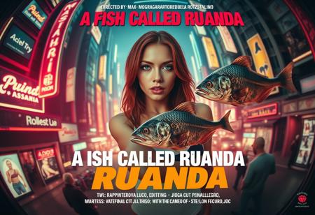 **“A captivating and surreal movie poster for A Fish Called Ruanda, a futuristic B-movie thriller with a girly, campy twist. The scene is viewed through the exaggerated distortion of a fish-eye 12mm cinema prime lens, pulling the viewer into the chaotic, neon-soaked dystopian cityscape. Front and center is the main actress, Katarina Pesceallegro, a striking redhead with a mix of glamour and danger in her expression. Floating ominously nearby is a grotesque, decaying fish, symbolizing the ‘very rotten climax.’
The poster includes bold, retro-futuristic typography for the title A Fish Called Ruanda, with the subtitle in Polish beneath it. The credits at the bottom feature:
	•	Directed by: Max Morrison
	•	Director of Photography: Diego Dalla Luce
	•	Edited by: JOE “FINAL CUT” Switcho
	•	Main Actress: Katarina Pesceallegro
	•	Co-Starring: JOE FISH
	•	With the Cameo of: STEWEN SEAGULL
The design blends neon tones, gritty textures, and campy B-movie flair, making it a trendsetting cinematic experience that teases its quirky, action-packed storyline.”**