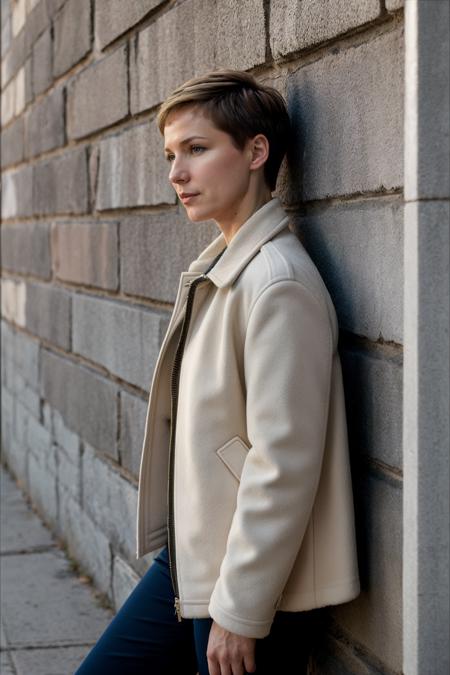 marinagrankova, woman, side profile, leaning against a wall, short hair, jacket,
 <lora:MarinaGrankovaSD:0.8>