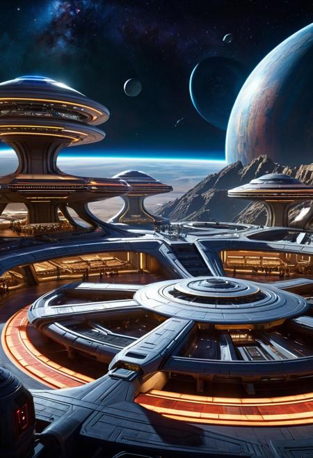 Stunning cinematic full wide view of Spaceport at galaxy's edge, as seen on Star Trek: Deep Space Nine. Intricate details, HDR, beautifully shot, hyperrealistic, sharp focus, 64 megapixels, perfect composition, high contrast, cinematic, atmospheric, moody, trending on Artstation Unreal Engine 5, dramatic, volumetric lighting.