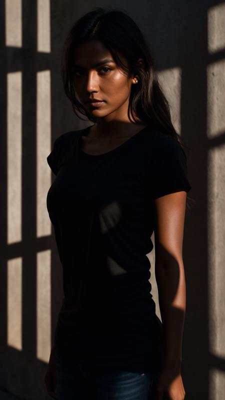 good looking tanned woman wearing a black T-shirt, cinematic shot, very dark dramatic blind lighting, shadows, complexion, high quality, film grain, 8k, Fujifilm XT3