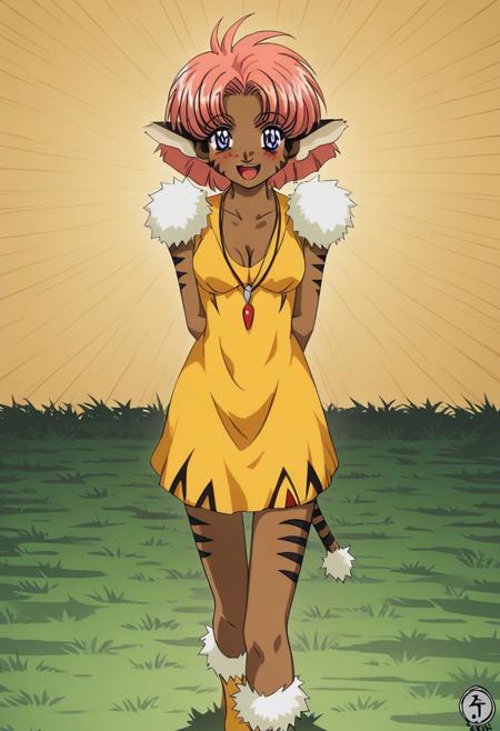 merlelora, 1girl, furry, short hair, pink hair, blue eyes, dark skinned female, tail, fur, dress, necklace, fur trim,  ///////////extras////////// jewelry,sandals,animal print retro artstyle, 1990 \(style\) :3