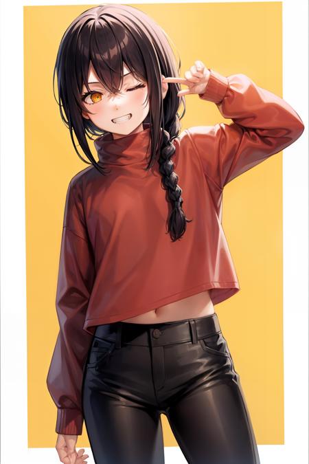 dog 1girl,black hair,yellow eyes,long hair,braided ponytail,hair between eyes, chain,grin,black shirt,ringed eyes, 