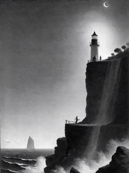 <lora:GustaveDor:1>a black and white painting of a man standing on a cliff with a lighthouse in the background by Gustave Dor