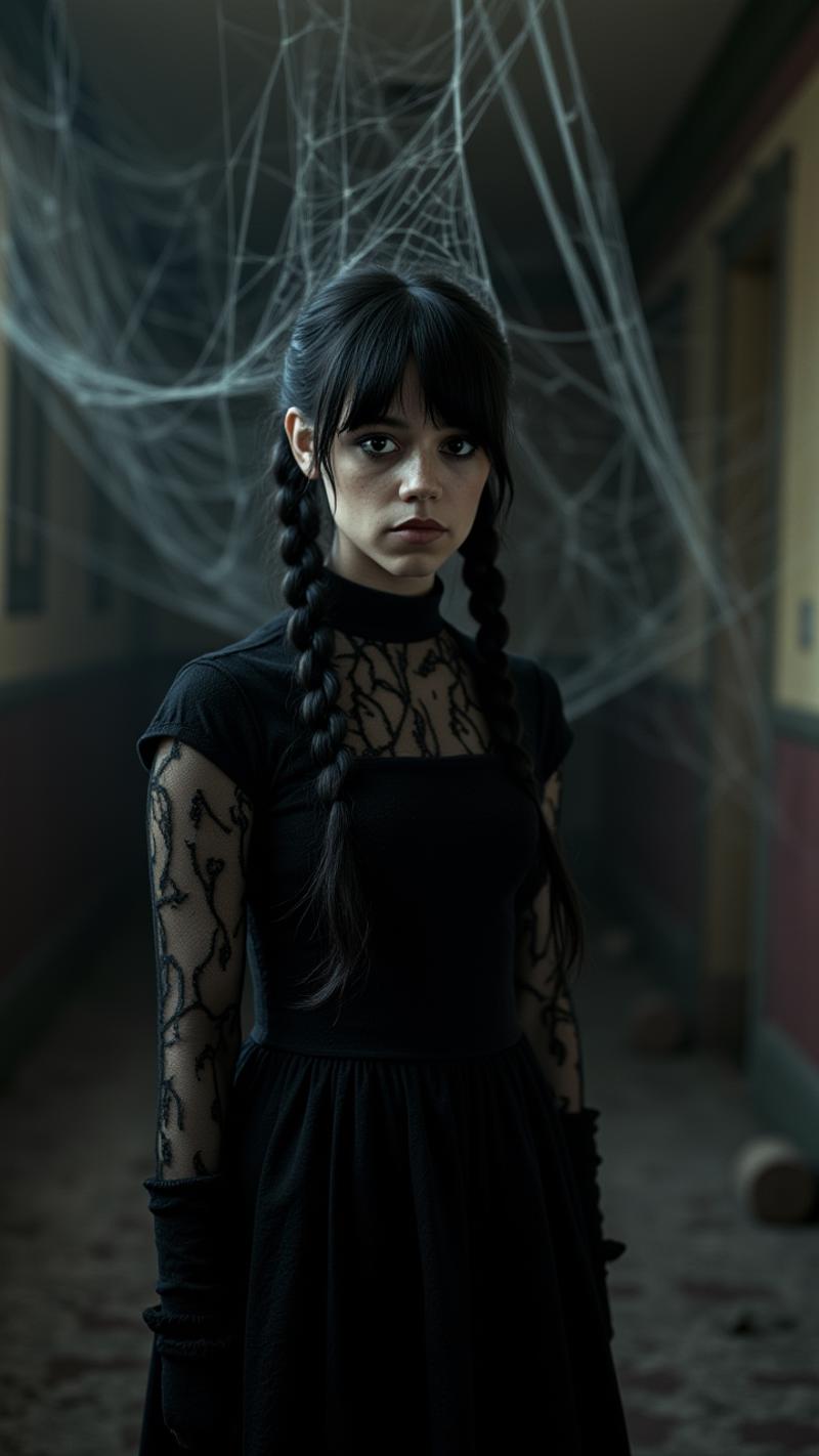 a photograph of a 18 year old j3nnaort3ga wearing goth makeup and a simple victorian black dress, black twin braids hairstyle, pale skin, looking at viewer, inside of gloomy and dusty victorian mansion full of spiderwebs, irl, real life, hyper realistic, hyper detailed, cinematic light, full body shot