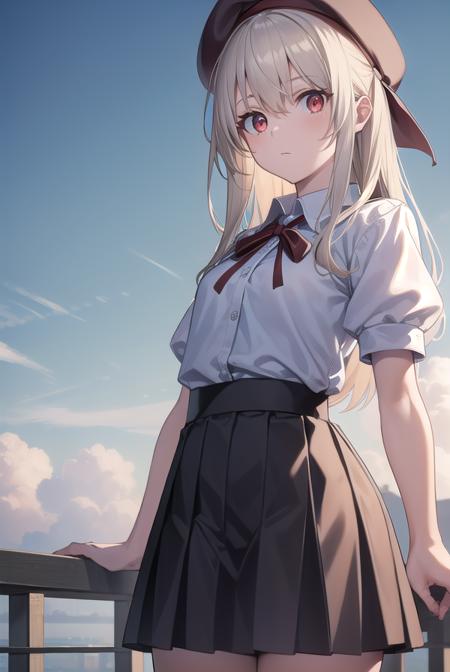 illyasvielvoneinzbern, <lyco:illyasvielvoneinzbern-lyco-nochekaiser:1>,
illyasviel von einzbern, blonde hair, hair between eyes, long hair, (red eyes:1.5),
BREAK beret, black skirt, brown footwear, collared shirt, hat, homurahara academy school uniform, kneehighs, loafers, pleated skirt, puffy short sleeves, puffy sleeves, red ribbon, ribbon, school uniform, shirt, shoes, short sleeves, skirt, socks, white headwear, white shirt, white socks,
BREAK outdoors, city, sky, cloud, sun,
BREAK looking at viewer, (cowboy shot:1.5),
BREAK <lyco:GoodHands-beta2:1>, (masterpiece:1.2), best quality, high resolution, unity 8k wallpaper, (illustration:0.8), (beautiful detailed eyes:1.6), extremely detailed face, perfect lighting, extremely detailed CG, (perfect hands, perfect anatomy),