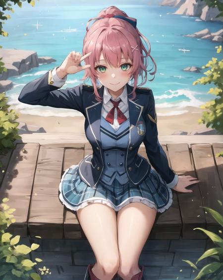 best quality, (masterpiece:1.2), illustration, absurdres,
(1girl, solo), (beautiful detailed girl),
<lora:Juna-08:0.9>, Juna Crawford, pink_hair, ponytail, hair_ornament, green_eyes, medium breasts,
blue_blazer, blue_waistcoat, blue_skirt,red ribbon, knee_boots,
garden, distant sea, distant ocean, mediterranean buildings, white buildings, castle on top of hill,
looking at viewer, smile, blush,
((ojou-sama pose)), from above