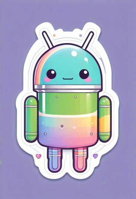 Vector art sticker design, (Cute kawaii Android character with pastel colors:1.3), Flat graphic style, Rainbow motif accessories and accents, Whimsical expressions, Soft outlines, Vibrant hues, Eye-catching vector details, Emotic and friendly vibe.