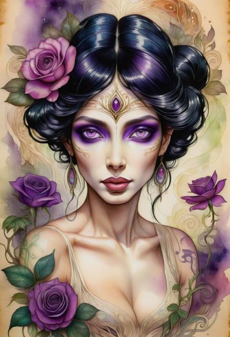 Illustration in ink and watercolor on parchment, Portrait of a beautiful Amazon, close up face, goddess of the Bschi, fantasy, mythological, legendary, a mysterious, elusive woman, black hair, purple eyes, tattoos, anemones and roses, sensual, erotic, provocative