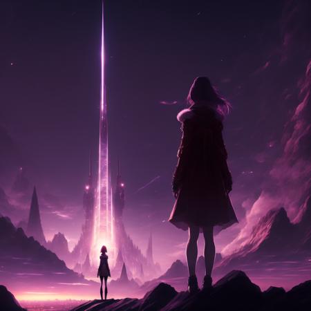 anime Epic Composition, massive scale a woman stands observing the distant mega Spire city in the distance (SpireCity style:1) <lora:djzSpireCity:0.8)