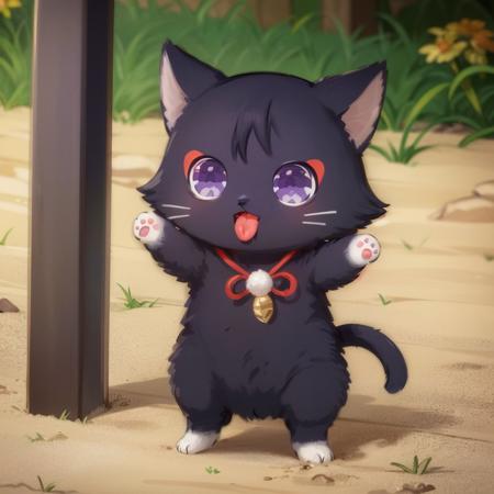 masterpiece, best quality, <lora:Scaracat:0.7>, animal focus, akanbe, solo, Scaracat, cat, standing, purple eyes, tail, full body, tongue, tongue out, hand on hip, no humans, red eyeliner, outdoors