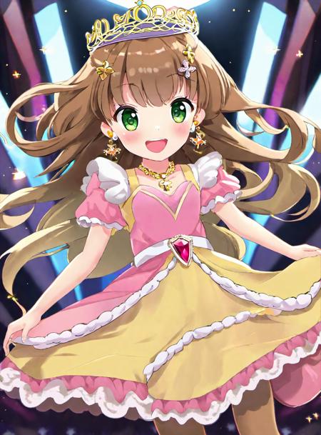 a young girl with light brown hair and green eyes. She is wearing a yellow dress with a pink sash and black boots. She is also wearing a gold necklace and a tiara. She is smiling at the viewer. The camera angle is from the waist up, and the girl is in the center of the frame. The girl is happy and excited, and she is looking forward to something, depth of field, cinematic compositions, best lighting,1girl, solo, jewelry, brown hair, curly hair, necklace, smile, dress, earrings, red pantyhose, pantyhose, open mouth, tiara, cross, full body