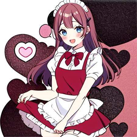 <lora:WakaSakuraba:0.8>, waka sakuraba, 1girl, solo, long hair, looking at viewer, blush, smile, open mouth, bangs, blue eyes, simple background, brown hair, hair ornament, thighhighs, white background, dress, bow, very long hair, short sleeves, :d, heart, cowboy shot, frills, hairclip, puffy sleeves, bowtie, apron, puffy short sleeves, maid, maid headdress, red dress, frilled dress, pink bow, white apron, spoken heart, maid apron, frilled apron, enmaided, skirt hold, pink bowtie