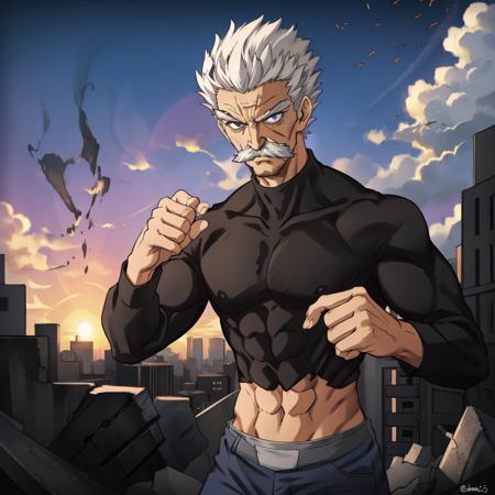 sbang(one punch man), 1boy, solo, facial hair, white hair, short hair, old man, muscular, ((male focus)), middle body, standing, ((black eyes)), ((grey eyes)), black shirt, on frame, fighting stance, city, sunset, blue sky, destroyed city, beard, old, scar, manly, abs, ((five fingers)), long sleeves, mustache, old, <lora:sbang_onepunchman:0.7>, <lora:thickerLinesanimeStyle:0.7>