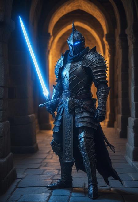 depicting a dark, armored warrior in a dramatic, medieval setting. The warrior is clad in intricate, spiked black armor with glowing blue accents, exuding a menacing aura. He wields a massive, ornate sword that emits a bright, ethereal blue light, casting an otherworldly glow on the cobblestone ground. The background features a dimly lit, ancient stone corridor with a burning brazier on the right, adding a warm contrast to the cool tones of the sword's light. The atmosphere is intense and mystical, with a focus on the warrior's powerful stance and the detailed craftsmanship of his armor and weaponry.