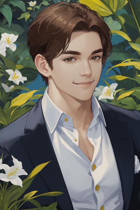 masterpiece, best quality, realistic, 1man, male focus, mature, tall muscular, handsome, thick eyebrows, smile, suit, portrait, extremely detailed face, (brown hair), (short hair), botanical garden