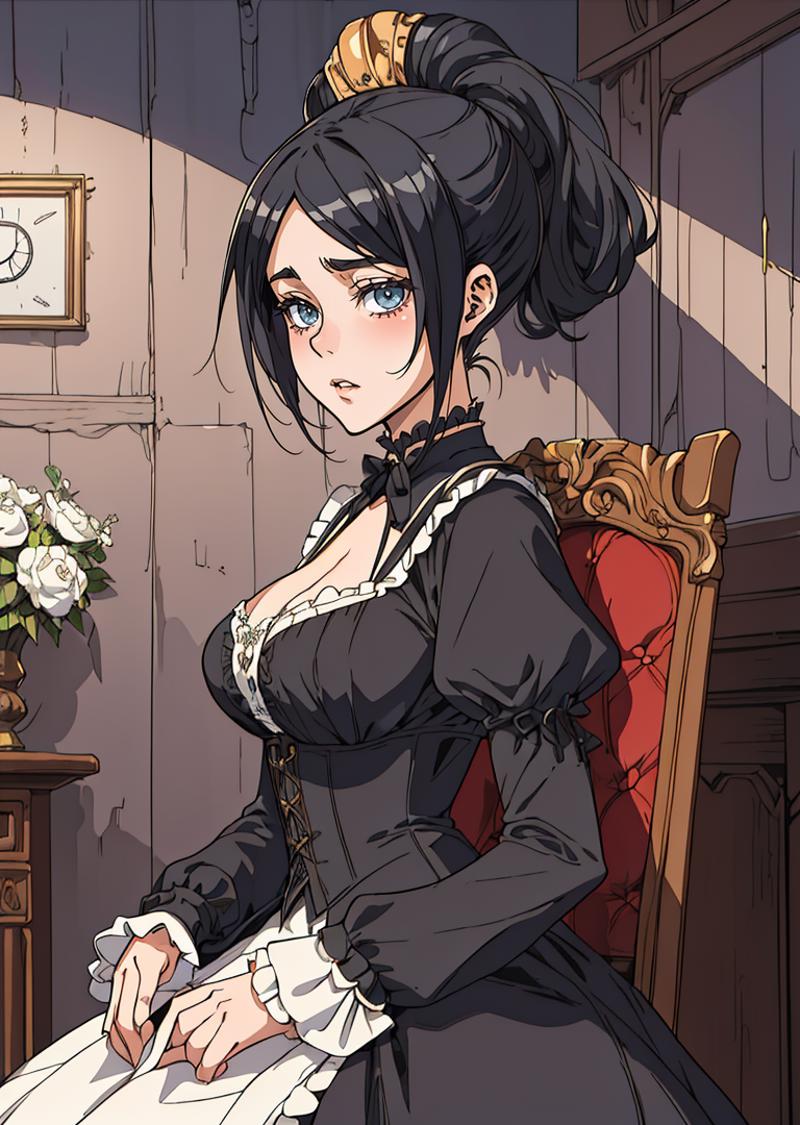 Anime illustration of a woman in a maid costume with blue eyes, sitting on a fancy chair. She is wearing a black shirt and a white apron.
