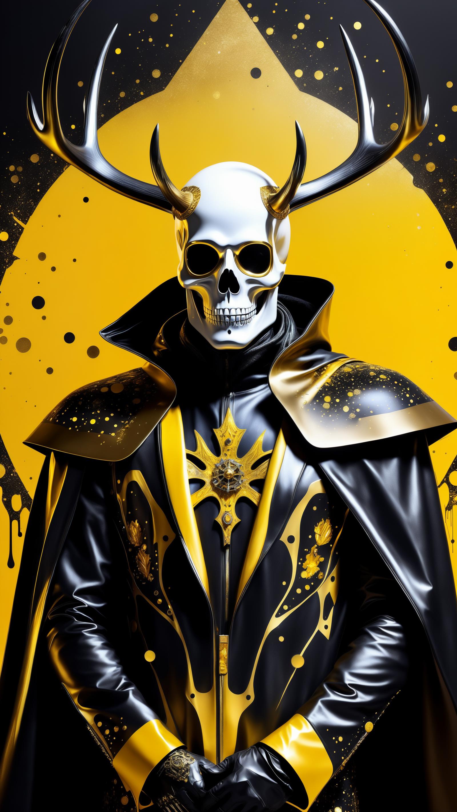 A skeleton wearing a cape and a golden crown with yellow background.
