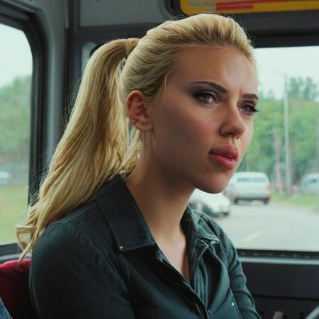 scarlettjohansson, blonde, ponytail, sitting on a bus, half body shot, looking out the window, smirking <lora:scarlettjohansson:1>