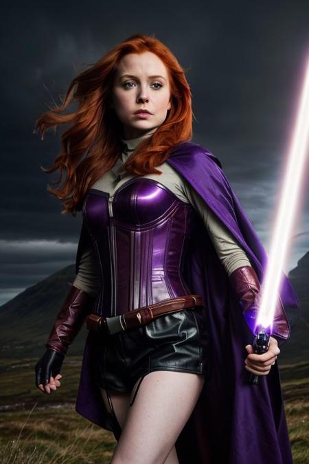 ASCIIUpper body photo of Karen Gillian as a mara jade looking at viewer, anger, spite, hate, BREAK wearing black corset, black leather BREAK flowing purple cape
BREAK lightsaber with purple blade
BREAK Scottish highlands, dramatic landscape, stunning view, mist, atmosphere