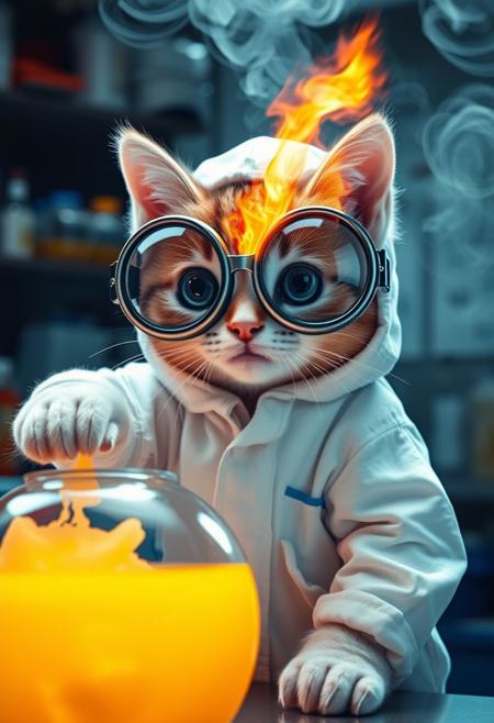 "Create a hyper-realistic image of a kitten in a white hazmat suit and oversized round safety goggles, pouring two chemical liquids into a vat. The kitten's eyes are magnified to comically large proportions, they completely fill out the goggles themselves. Then a chemical explosion occurs. The blast is so intense that the tip of one of the cats' whiskers is on fire. The kitten's expression is one of adorable, sheepish surprise. The background is a cluttered laboratory, visible through the swirling smoke." Highest-Quality, 4k, intricate details, visually stunning, Masterpiece