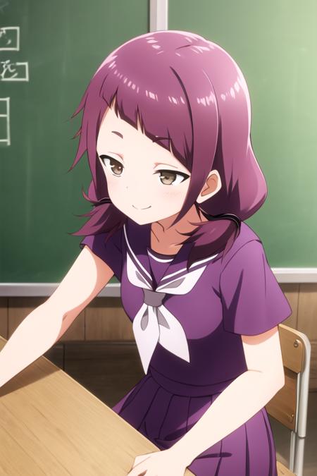 masterpiece, best quality, <lora:kunoichi_shakuyaku:0.7> 1girl, solo, brown eyes,  purple hair, twintails, low twintails, light smile, serafuku, sailor collar, red neckerchief, pleated skirt, indoors, classroom, short sleeves,