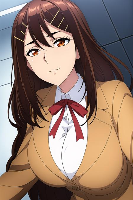 Simple White Background,
red ribbon, school uniform,brown Jacket,collared shirt, 
<lora:Chitose_Naruse_GiantInsects-KK77-V1:0.7>,
bangs, brown eyes, brown hair,hair ornament, hairclip, long hair,
<lora:Mariana_Luciano_NON_VIRGIN-KK77-V1:0.3>,<lora:more_details:0.1>,
1 girl, 20yo,Young female,Beautiful Finger,Beautiful long legs,Beautiful body,Beautiful Nose,Beautiful character design, perfect eyes, perfect face,expressive eyes,perfect balance,
looking at viewer,(Focus on her face),closed mouth, (innocent_big_eyes:1.0),Light_Smile,
official art,extremely detailed CG unity 8k wallpaper, perfect lighting,Colorful, Bright_Front_face_Lighting,shiny skin, 
(masterpiece:1.0),(best_quality:1.0), ultra high res,4K,ultra-detailed,
photography, 8K, HDR, highres, absurdres:1.2, Kodak portra 400, film grain, blurry background, bokeh:1.2, lens flare, (vibrant_color:1.2),professional photograph, 
(Beautiful,large_Breasts:1.4), (beautiful_face:1.5),(narrow_waist),