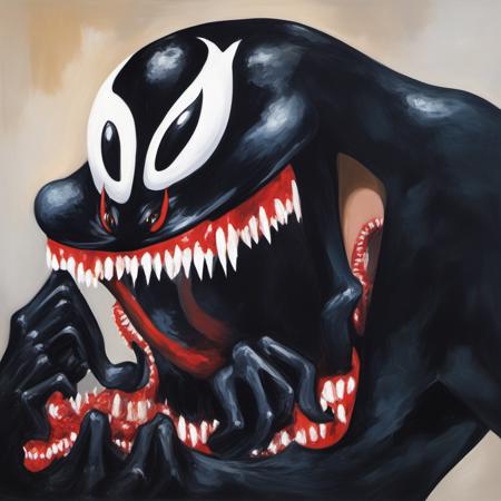 painting of Venom Symbiote with sharp teeth, George Condo Style, horror(theme),   <lora:MBTDF xl-000003:0.9>