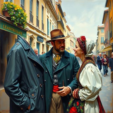 Masterpiece, Impressionist painting of man talking to woman on a busy street in a bygone era in Europe. Traditional clothing, beautiful profiles, traditional headware, impressionism