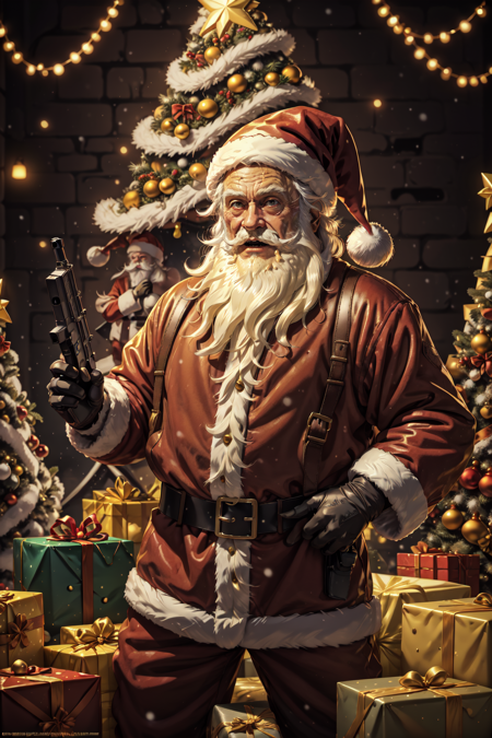 YellowSnow, solo, gloves, 1boy, hat, standing, white hair, male focus, black gloves, belt, pants, blurry, fur trim, facial hair, santa hat, santa costume, black belt, mustache, weapon, holding a weapon, machine gun, fire, explosion, box, christmas, beard, gift, gift box, old, christmas tree, old man, cheese, liquid, gooey, cheese slime, christmas theme, yellow theme, movie poster, meme, parody, horror movie poster, art by Larry Elmore and Greg Rutowski, blink and you can miss it detail, depth of field, masterpiece, <lora:YellowSnow:0.8>