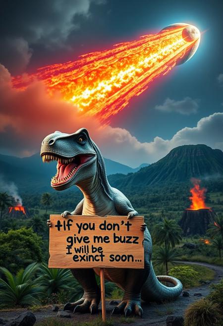 “A glorious T-Rex standing upright, looking absurdly majestic yet goofy, with a ridiculous, stoned-like smile. It’s holding a hand-painted wooden sign that reads: ‘If you don’t give me buzz, I will be extinct soon…’. The prehistoric landscape features lush greenery and smoking volcanoes, but dominating the background is an enormous, fiery asteroid streaking through the sky, trailing a vivid tail of smoke and flames. The asteroid looms menacingly, its trajectory clearly aimed at Earth, creating a dramatic yet humorous contrast with the oblivious T-Rex’s carefree expression.”