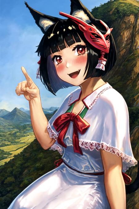 illustration, best quality, highly detailed, amb, 1girl, alternate costume, animal ear fluff, animal ears, bangs, black hair, blunt bangs, blush, bow, capelet, cat ears, cat mask, dress, fang, flower, hair flower, hair ornament, happy, looking at viewer, mask, mask on head, mountain, open mouth, outdoors, pointing, red eyes, short hair, sitting, smile, solo, traditional clothes, white dress, yamashiro (azur lane) <lora:amibazh_v7-000012:1>