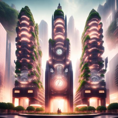 (coralcity style:1) clock tower in the middle of a futuristic city with a lot of tall buildings, a very tall building with a lot of lights on it, lots of plants growing on it's sides <lora:djzCoralCityV21:0.8>