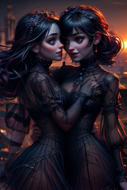 (masterpiece:1.2), (best quality,:1.2), 8k, HDR, ultra detailed, ((photorealistic)), cinematic lighting, high depth-of-field, sharp focus,
2girls embracing eachother, happy smile,
goth styl transparent dress,
slim face, perfect face, perfect hands, eye contact, realistic face, realistic eyes,
detailed background venice at sunset, sharp backgroud focus,