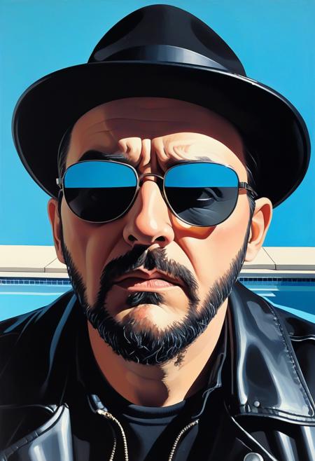 intimidating drug kingpin in black pork pie hat, dark sunglasses pushed up on forehead, goatee, black leather jacket, head tilted down slightly, eyes looking up directly at viewer from under lowered brow, intense unblinking Kubrick stare, eyebrows furrowed, menacing predatory gaze, whites of eyes visible above iris, unsettling fixed expression,, vibrant acrylic painting style, bold flat colors, clean geometric compositions, bright California sunlight, crisp shadows, modernist architecture, swimming pool blue tones, perfectly manicured landscapes, mid-century modern aesthetic, saturated color palette, smooth gradients, minimal detail work, contemporary pop art influence, architectural precision, optimistic 1960s atmosphere,