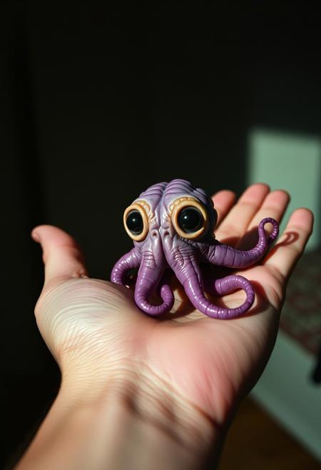 analog film photo image depicts a small,purple, tentacled creature with large eyes and a bulbous body, resting on an open palm.
In the foreground, the creature's intricate details are visible: its numerous tentacles, each curled at the end, and its large, round eyes that seem to stare directly into the viewer. The creature's skin appears rough and wrinkled, with deep creases etched across its surface. Its body is a muted purple color, with hints of orange tan around the edges.
The background of the image is blurred, but it appears to be a dark room or space, with shadows cast on the walls. The overall atmosphere of the image is one of curiosity and fascination, as if the viewer is being invited to examine this strange creature up close.
The composition of the image is simple yet effective, with the creature centered in the frame and the palm serving as a subtle contrast to its alien appearance. The lighting is soft and diffused, which helps to emphasize the texture and detail of the creature's skin.
Overall, the image presents a captivating and intriguing scene that invites the viewer to explore the mysteries of this unusual creature . faded film, desaturated, 35mm photo, grainy, vignette, vintage, Kodachrome, Lomography, stained, highly detailed, found footage