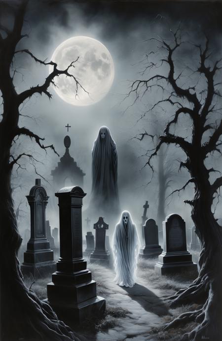 A photorealistic oil painting infused with analog film grain, showcasing a ghost person figure appearing in a misty graveyard under the full moon, with decrepit tombstones and twisted trees, in a monochrome color scheme, conveying an atmosphere of desolation and spine-chilling fear