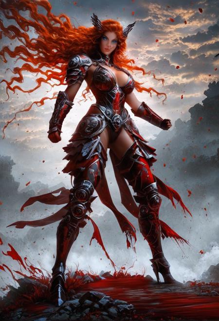 Beautiful Knightess in shiny iron armor, (standing in the middle of a bloody battle on the battlefield: 1.8), fighting pose, wavy red hair, nice dirty and serious face, fantasy, oily skin, full body, athletic figure, beautiful blue eyes, colorful flowers, 8k, ultra realistic, hyper realistic, highly detailed, curves, beautiful perfect close-up pupils, daylight, fantasy style, high contrast, colorful polychromatic, beautiful firm Breasts, defiant and seductive, wet oily shiny skin, ultra detailed, (Intricately Designed dirty face: 1.3), Cinematic clorful lighting, realistic body and face, Photograph Taken on Nikon D750, Intricate, Elegant, Digital Illustration, Scenic, Hyper-Realistic, Unreal Engine, CryEngine, Octane Render, Artgerm, WLOP, Greg Rutkowski, 8k ultra high resolution concept art, hyper-defined, sharp focus, echoing, (hyperdetailed body and face: 1.3), Atrractive, Atrractive 21 years old woman, attractive bust girl