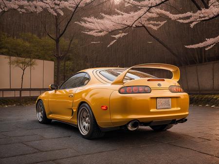 side photo of yellow mk4Supra under cherry blossom trees in kyoto at sunset, wet cobblestone street light reflections, high quality photo, lens flare, bokeh, 8k resolution, gobo lights, warm ambient light, volumetric light, neon lights, depth of field, analog, foggy atmosphere,  lens flares, light bloom, portra 800 film, <lora:Mk4Supra-000007:.6>, <lora:analogdiffusion_Lora300:.2>