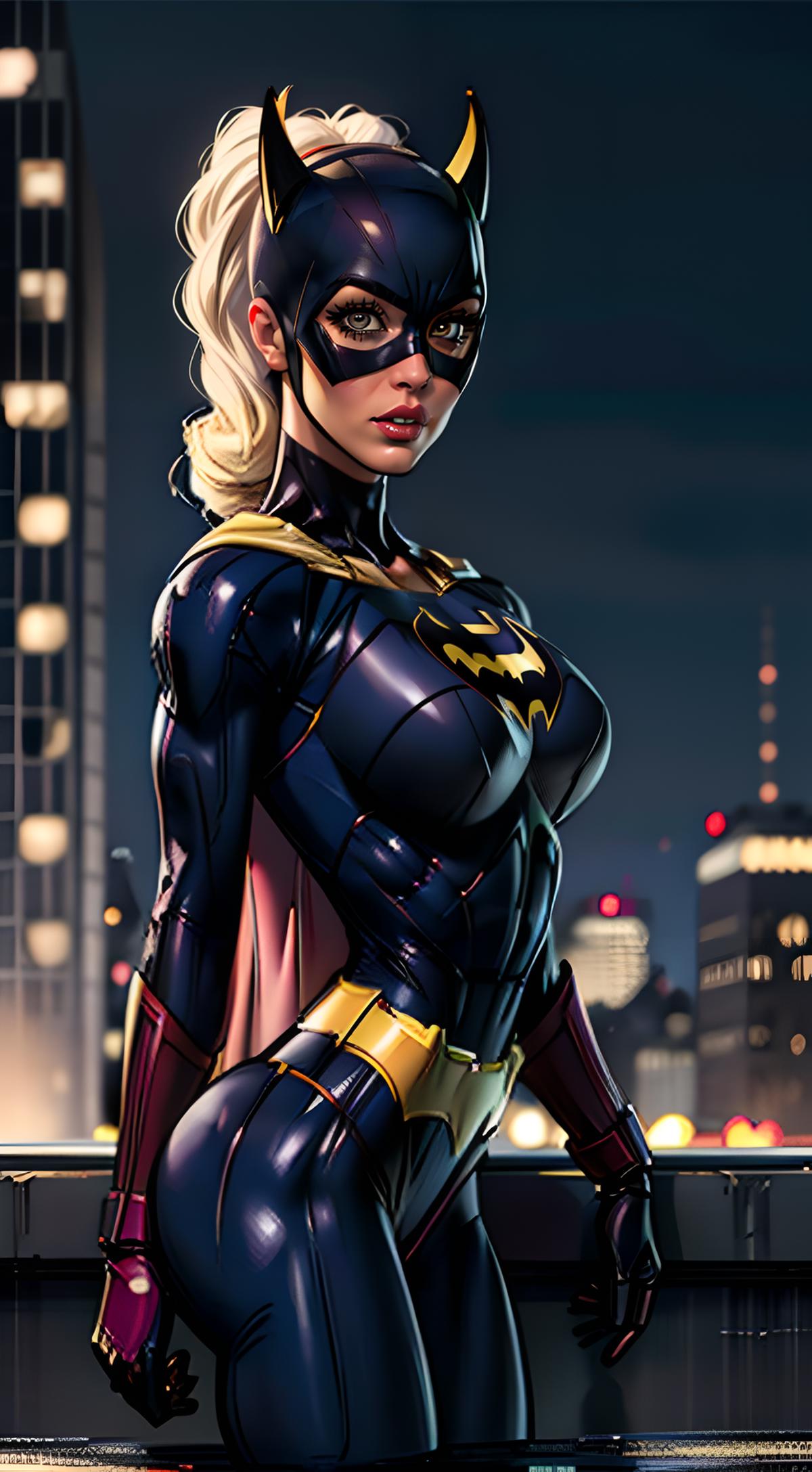 A comic book illustration of a female superhero in a blue and gold costume.
