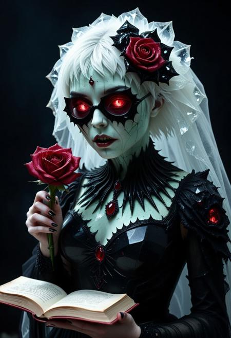 1girl, magical, mysterius, semi_realistic, rp_slgd, detailed face, emo makeup, emo short hairs, veil, black wedding dress made out of  malachite crystal, , glasses made out of ruby shards,  vampire fangs, , flower accesory made out of geoda 
biolumen,hair accesory, single rose flower, ruby crystal rose, the  sharp edges of the petals glow eerily white, holding book made out of  scrimshaw,  black glass  background, dim light, intricate details, horror theme, cementary, detailed background, black_theme, matte_color, flat color, reij-blckprlglss, aidmaImageUpgrader