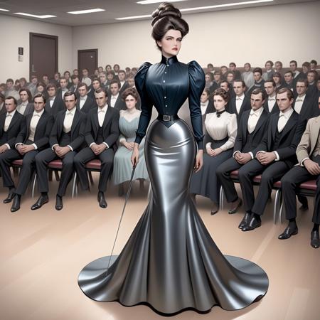 Full height standing view. colour photorealistic. by g1bs0n.
Women are tall, haughty, elegant, superior and beautiful with high and prominent cheekbones, beautiful natural skin tones without makeup and long and luxuriant hair.
A Gibson Girl wearing a heavy polished steel rigid evening dress which encases her in a smooth polished riveted steel sheath, Presenting a lecture in a crowded lecture theatre, she has the total intense attention of her audience