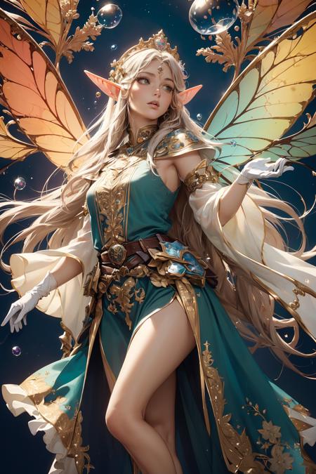 (Masterpiece, Top Quality, Best Quality, Official Art, Beauty Aesthetics :1.2),(Fractal Art :1.3),(1girl),(elf floating in a bubble:1.4),detailed diadem,extremely detailed clothes,(white gloves, white sleeves:1.2),(beautiful fairy wings:1.2),in the sky,detailed cloud,sunny day,(colorful:1.2),highest detailed,high contrast,cinematic light,,<lora:Plastic raincoat_V1.0:0.5>,<lora:bj_Elf:0.5>,