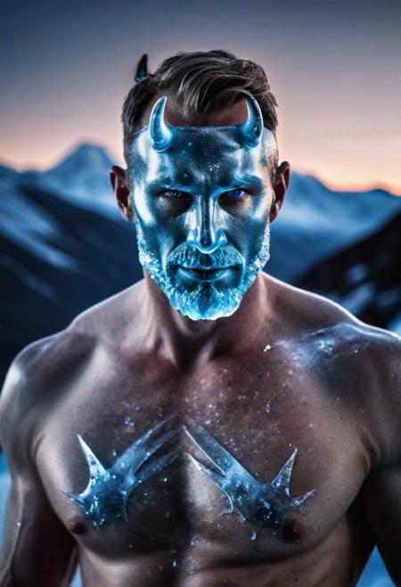 high quality, photo of 40 y.o Scandinavian man, upper body, face mask of translucent ice, horns of translucent ice, icy blue eyes, detailed face, shirtless, cinematic shot, dramatic lighting, on a mountain, stars in the night sky