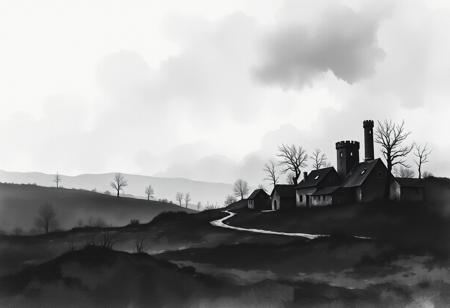 A gloomy and dark black and white watercolour lanscape of the desolate village, black background